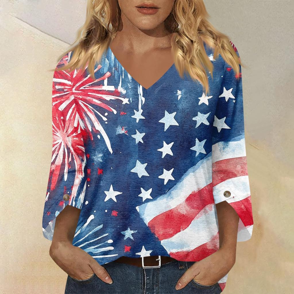 Womens Casual V Neck Three Quarter Sleeve T Shirt Top with Independence Day Inspired Print Loose Fit Lightweight Blouse for Daily Wear