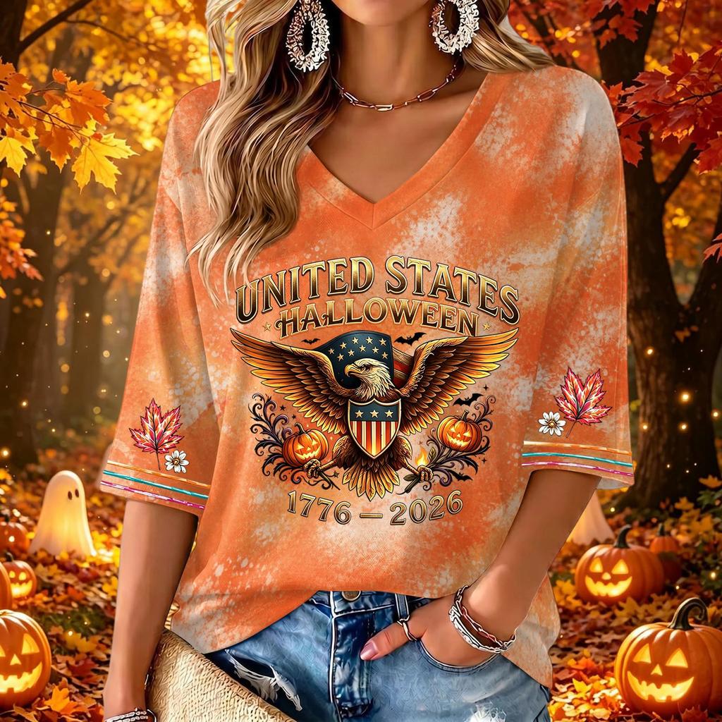 Women's Stylish V-Neck Halloween Print Three-Quarter Sleeve Casual Top for Party