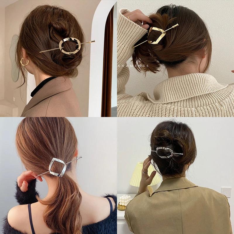 Geometrischer Gold Silberfarbener Metall Haarstab Frauen Pferdeschwanzhalter Styling Werkzeuge Trendige Accessoires Koreanische Gabeln Haarnadel Schmuck