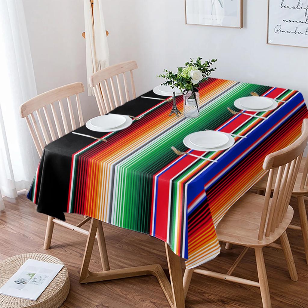 Mexican Colorful Striped Rectangle Tablecloth Holiday Party Decoration Reusable Waterproof Tablecloth Mexican Fiesta Table Decor