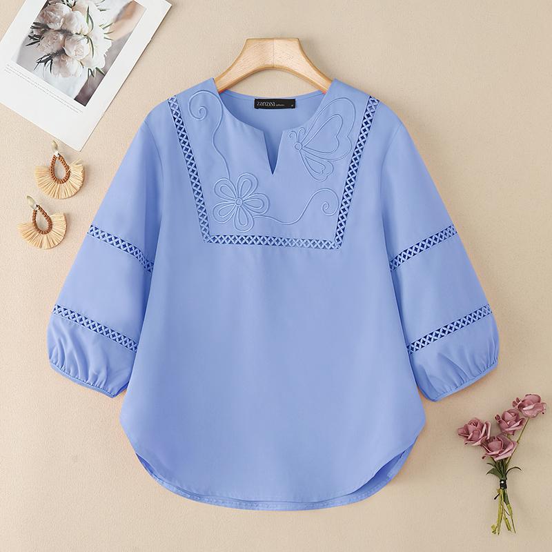 ZANZEA Women Casual V-Neck 3/4 Sleeve Loose Embroidery Blouse