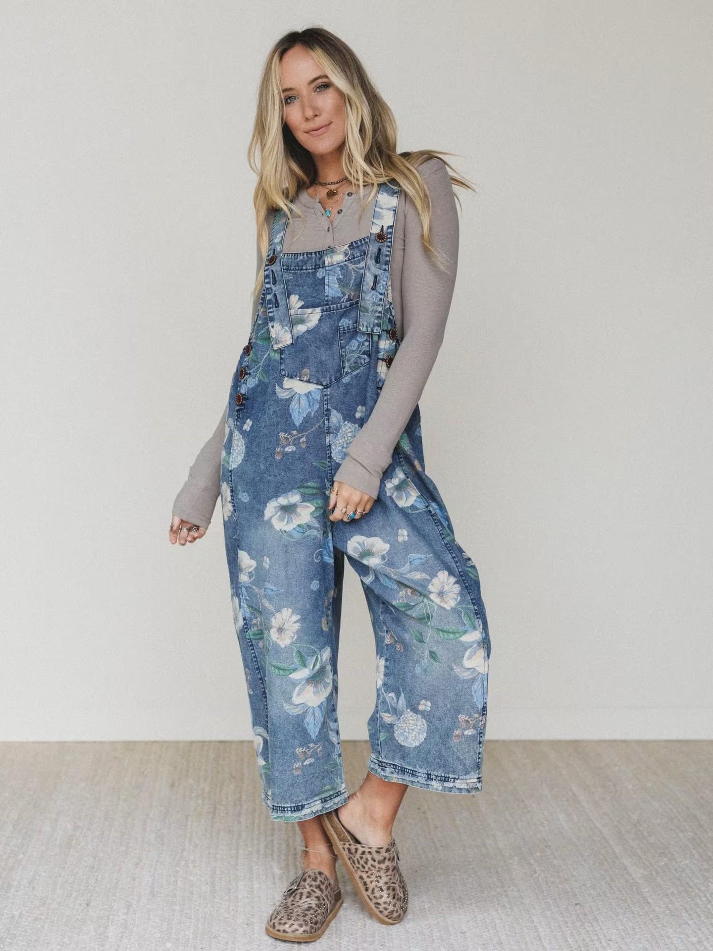 

2026 European & American Street Style Loose Wide-leg Printed Denim Jeans S синій