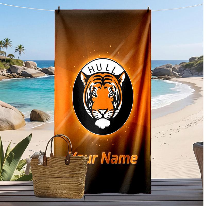 Asciugamano da Spiaggia Personalizzato Stampato Hull City Logo Calcio Supporto Nome Personalizzato Testo Asciugamano Assorbente Per Sport Viaggio Regalo Speciale