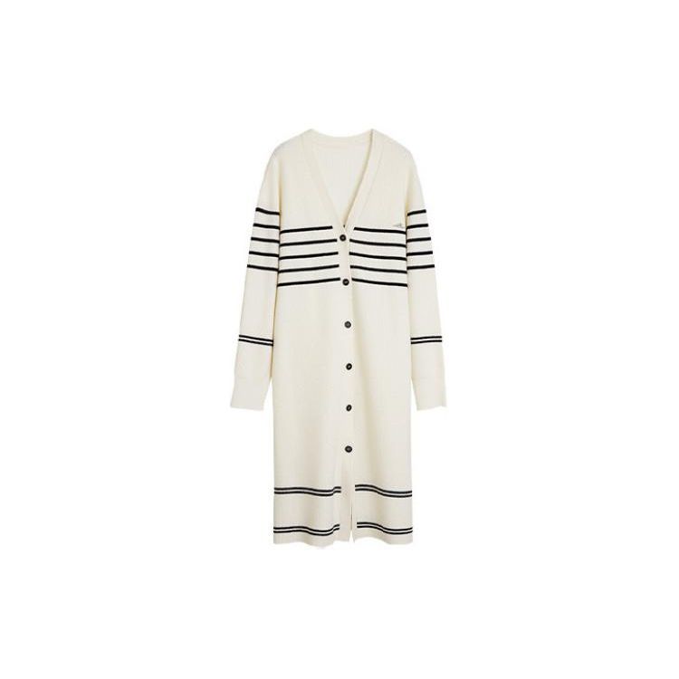 ELLE Striped Color Block Loose Fit Slimming V Neck Mid Length Long Sleeve Sweater Women sweater Off-White EM47302