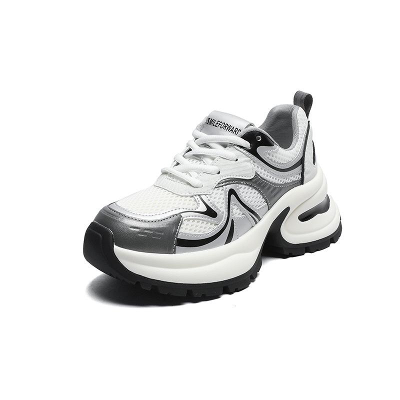 Popular dad shoes women's 2025 spring new leather thick-soled 7CM heightening small casual shoes mesh sneakers