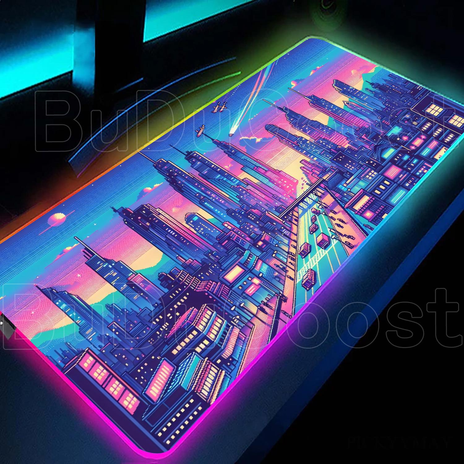 

RGB Retro Mouse Pad Neon Japanese Street Pixel Art Anime Skyline City Desk Mat LED Gaming MousePad Large Size Keyboard Accessory RGB300x600x3mm