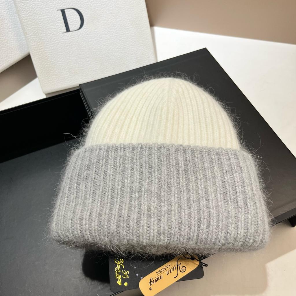 Iceland [rabbit Fur] Double-layer Thickened Warm Angora Rabbit Fur Knitted Hat Fashionable Contrasting Color Sweet Ear Hat Women