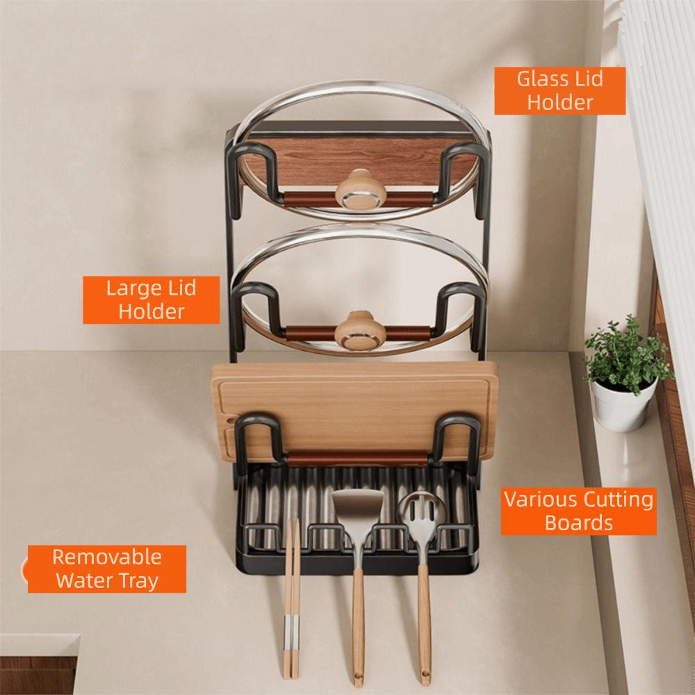 Carbon Steel Pot Lid Rack Space Saving Rustproof Kitchen Storage Rack with Spoon Rest Removable Drip Tray Pot Cover Shelf Pantry