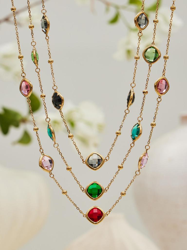 Stylish European & American Stainless Steel Jewelry Set with Square Faceted Glass Stones: Includes Bracelet, Necklace, and Earrings