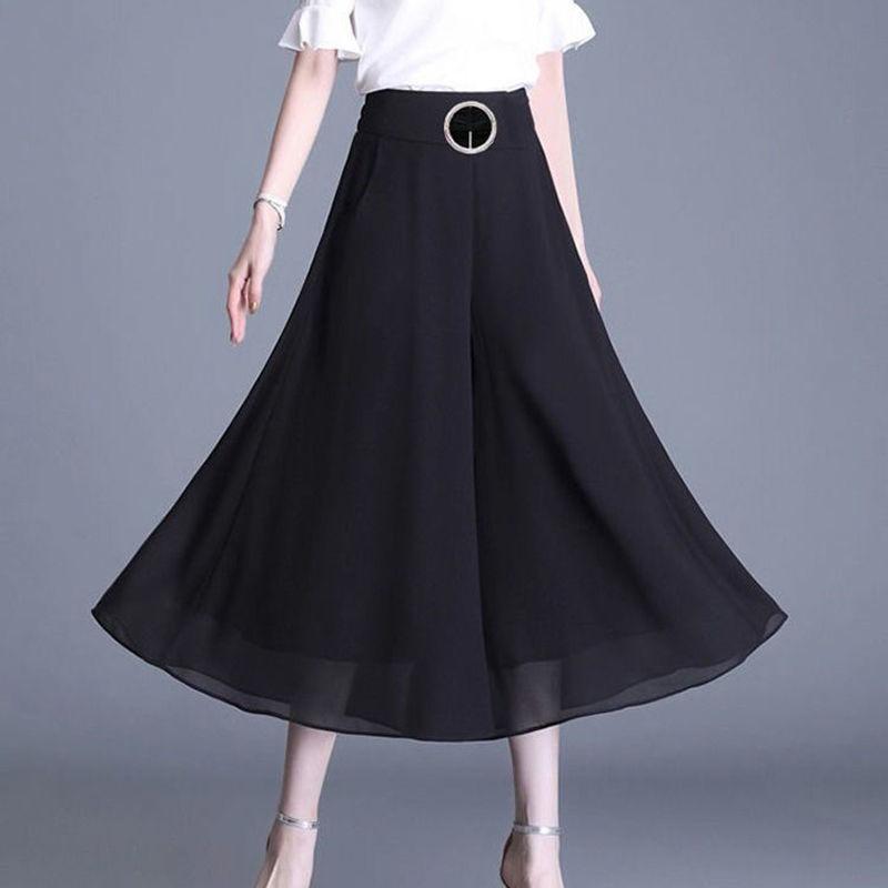 Black Skirt Women's Summer Dress Mid-length Culottes Pleated High Waist Eight-point Wide-leg Pants Skirt