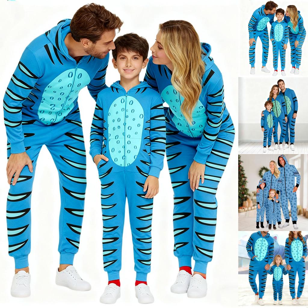 Matching Family Outfits - Striped Print Family Matching Hooded Zip-Up Onesie Loungewear