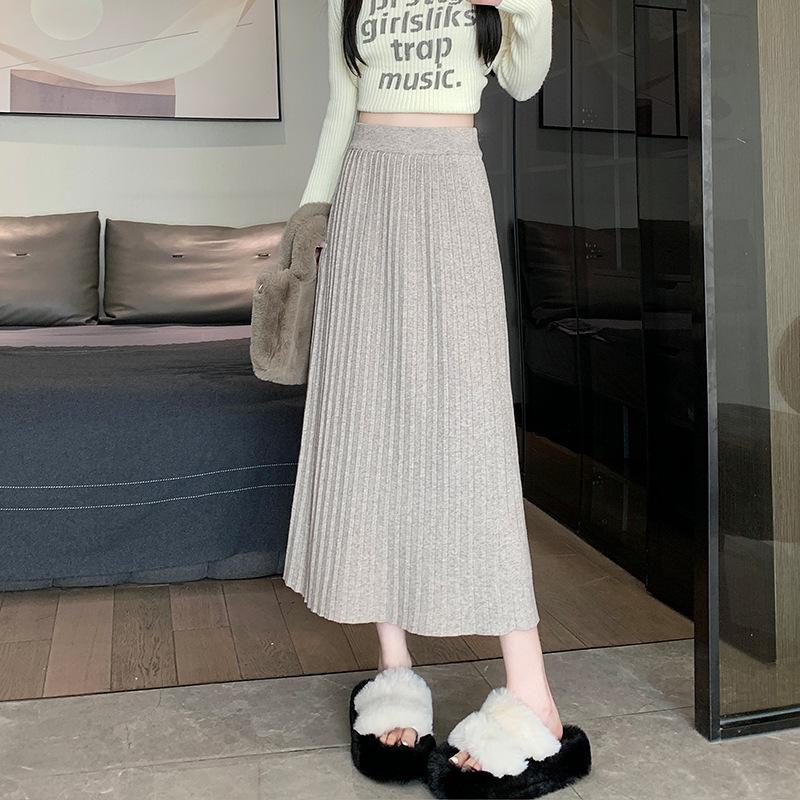 Knitted Pleated Skirt for Women Mid Length High Waisted and Slimming A-line Skirt