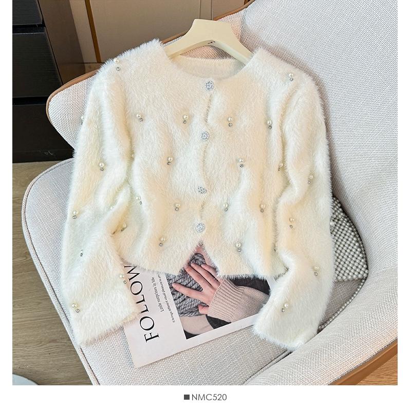 

Осень Зима Женский Сладкий С бисером Мягкий Пушистый Мохер Вязаный Свитер Рождественский Короткий Кардиган Топы One Size белый
