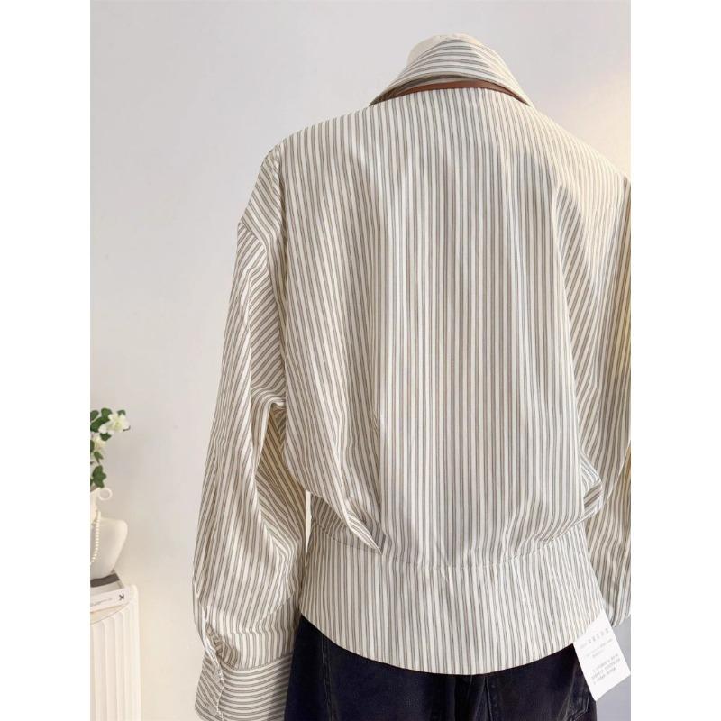 Trendy Cropped Striped Blouse Puff Sleeve Oversized Collar Shirt Daily Fashion Wear For Women