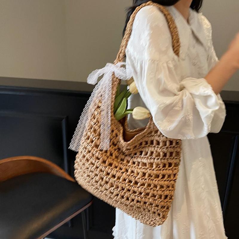Yogodlns Fashion Crochet Straw Bag for Women Raffia Woven Tote Handbag New Hollow Clutch Beach Bag for Vacation Casual Totes