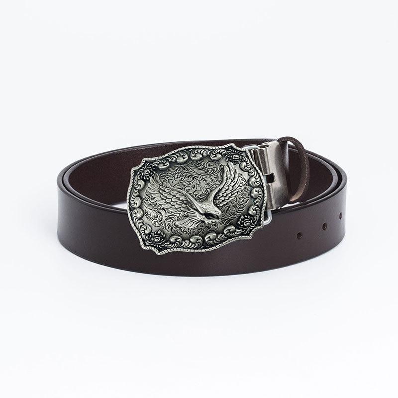 Vintage Cowhide Leather Eagle Belt - Western Cowboy Style for Youth & Stylish Guys