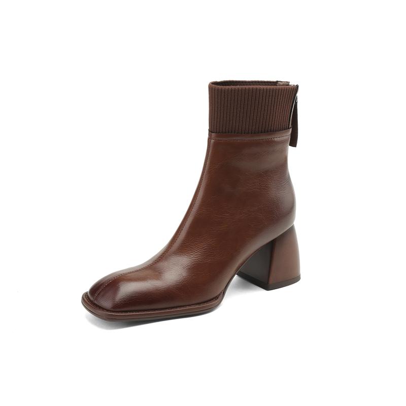 Splicing Genuine Leather Women Ankle Boots Thick High Heels Rear Zipper Decoration Basic Office Lady Shoes Woman Autumn Winter
