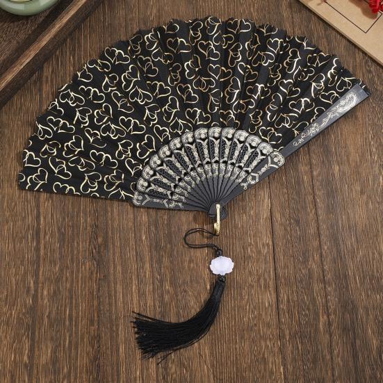 Love Heart Print Folding Fan with Tassel Chinese Style Portable Hollow Ribs Hand Fan Women Dance Performance Props Party Favors