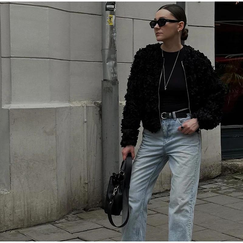 Street Short 3d Flower Lace Jacket Women Chic O-neck Long Sleeve Zipper Female Coats Autumn Lady All-match Outwears