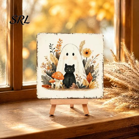 Festive Home Decor for October Halloween Wood Tabletop Sign with Mini Easel, Cute Pumpkin Ghost Decorative Party Table Centerpieces Plaque,