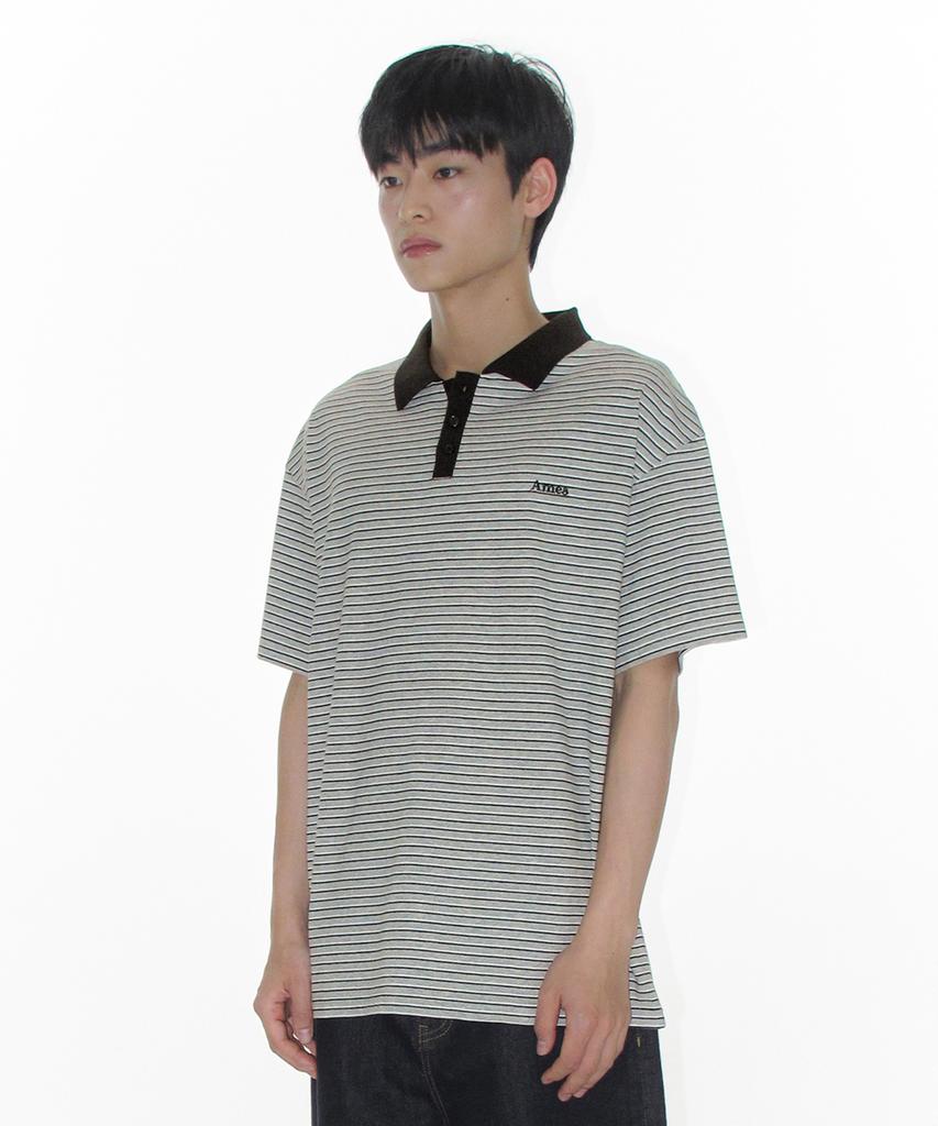 AMES-WORLDWIDE Basic Stripe Collar Tee Gray