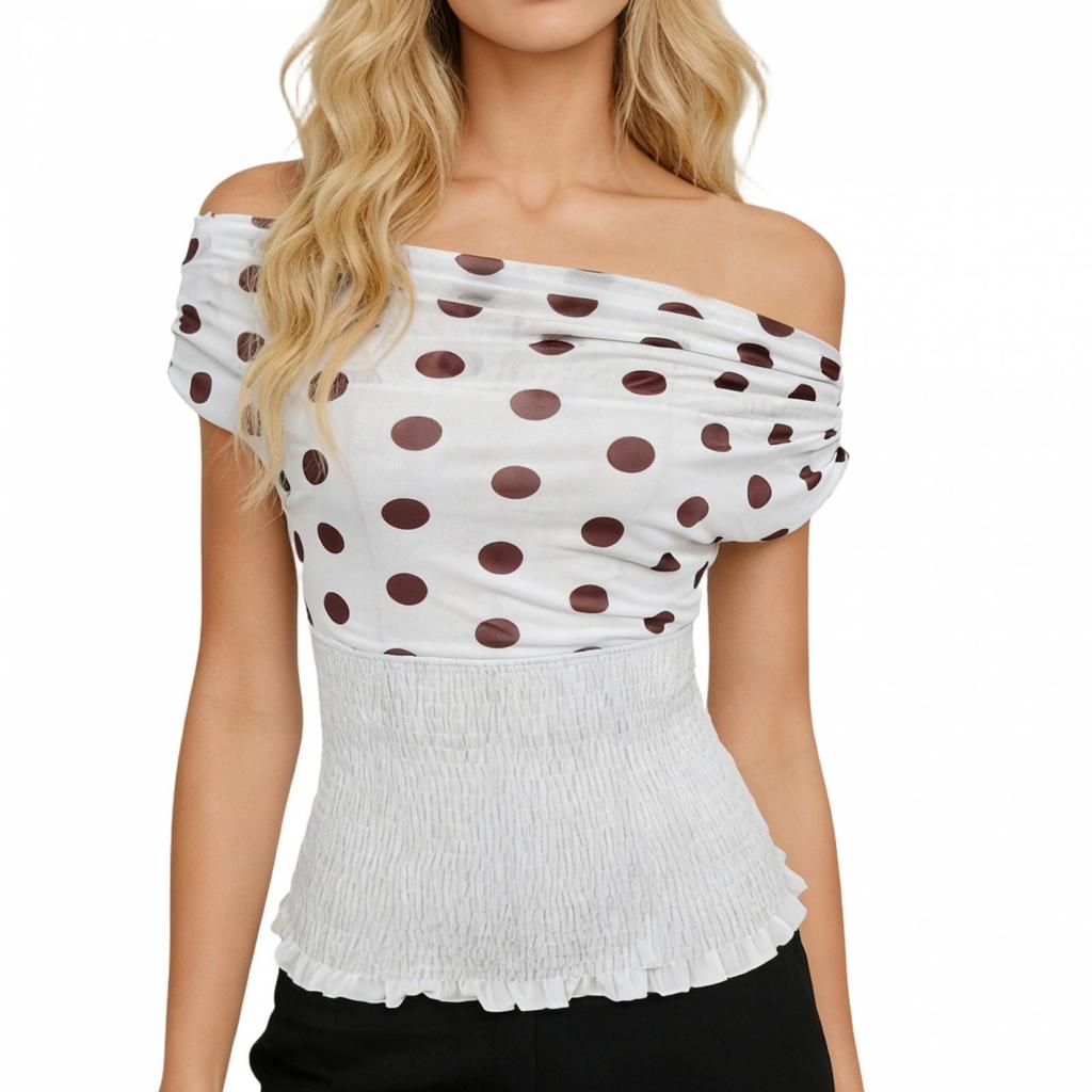 New Women's Street Versatile Polka Dot Printed One-Word Shoulder Pleated Waist Lace Top