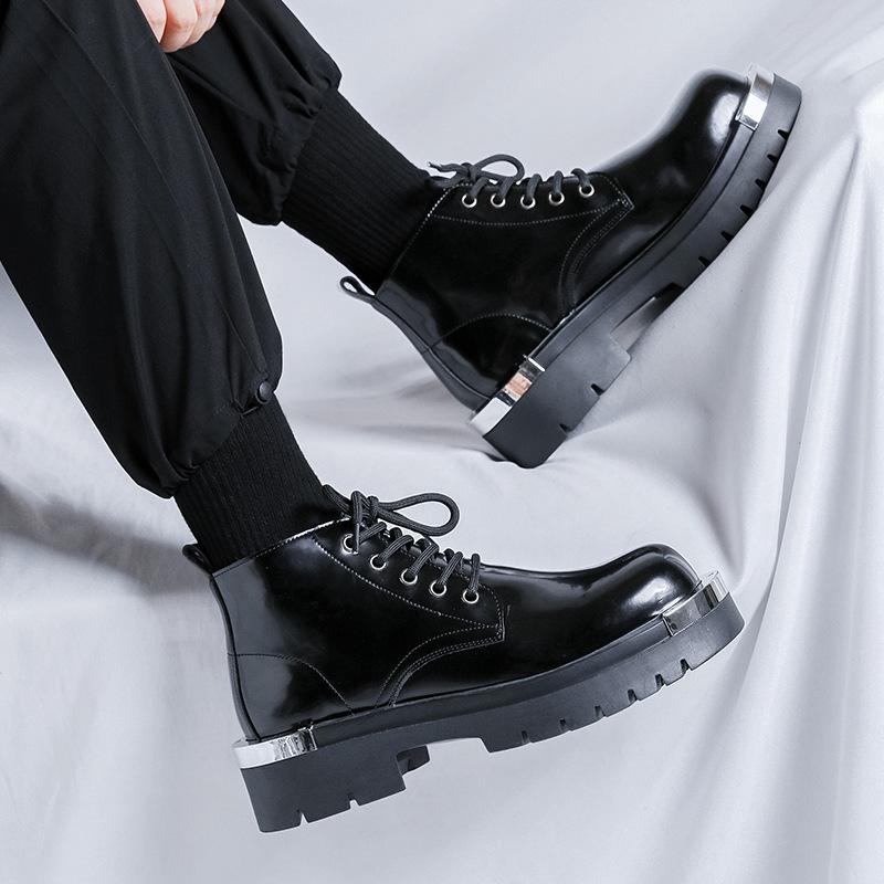 mens fashion punk hip hop platform boots black stylish genuine leather shoes cowboy ankle boot handsome motorcycle botas hombre