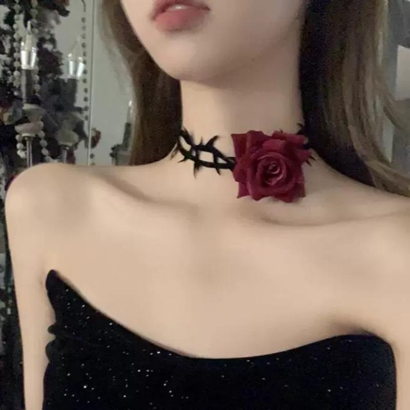 Black and white flower necklace rose choker neck flower neckband necklace female neck collar camellia clavicle chain
