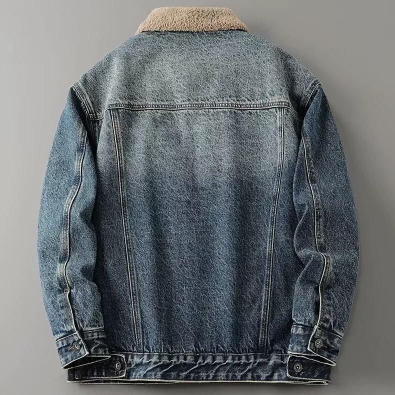 Retro Amerikanische Fleece-gefütterte verdickte Jeansjacke für Herren Winter Trendiger Lammfell-Samt Warme Baumwollmanteljacke