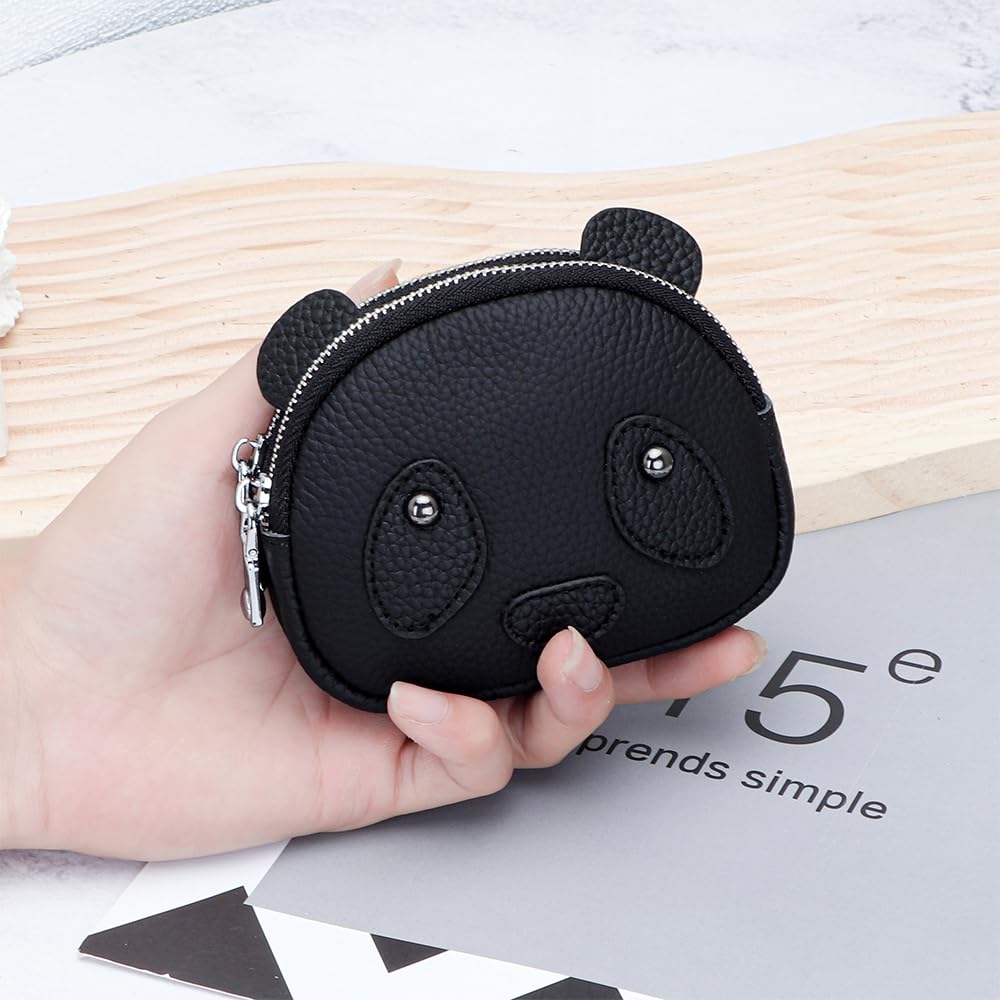 Yocipa Genuine Leather Panda Coin Purse with Keychain, Women's Mini Wallet, Cute Pouch, Small Animal Design Wallet, Double-Layer Zipper closure,