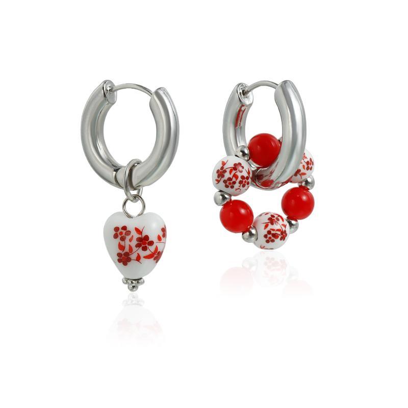 1Pair Blue White Color Ceramic Pendant Earrings Ear Buckle Chinese Style Ear Buckle Hanfu Round Bead Heart-Shaped Earrings