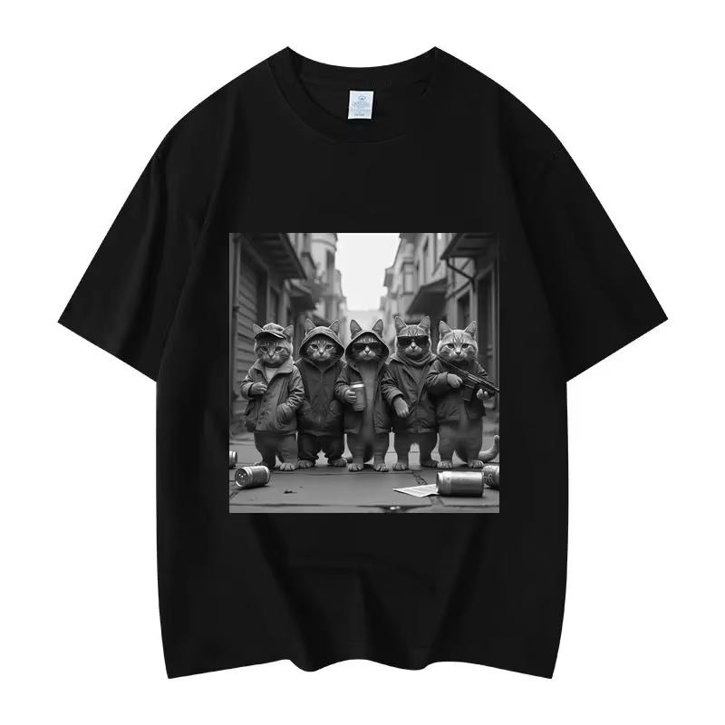 Funny Cat Gang Meme Graphic T Shirts Unisexs Womens Fashion Vintage Short Sleeve Tshirt High Quality Oversized Tshirts
