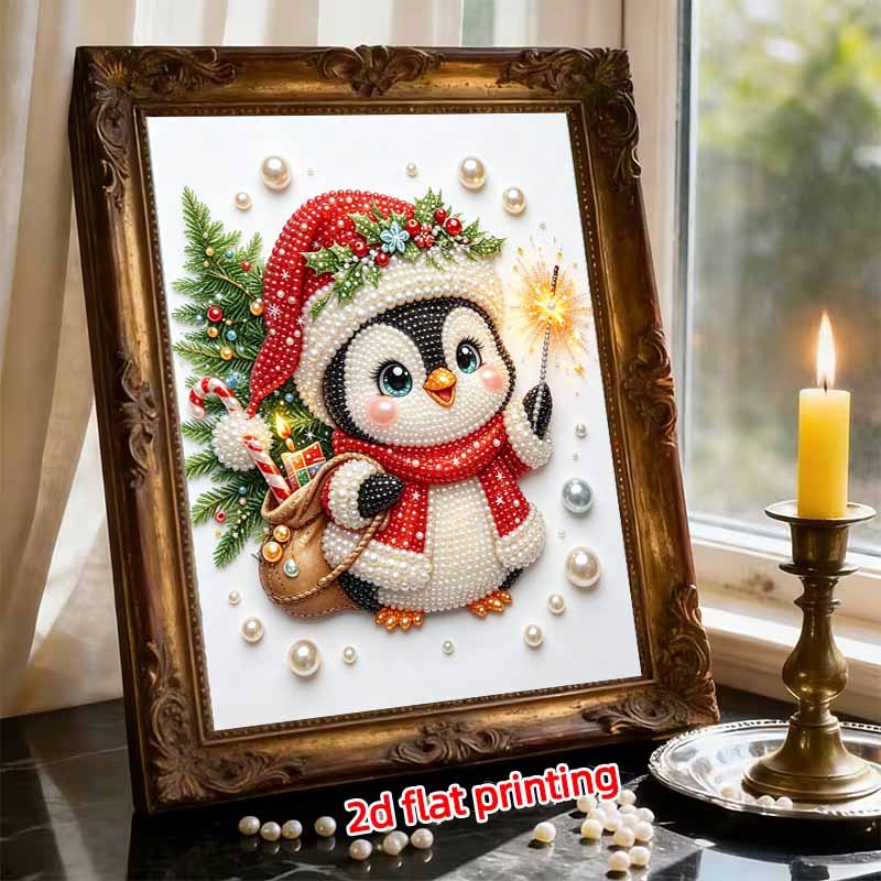 Frameless Pearl Painting Kit Cute Penguin with Santa Hat Aesthetic Wall Art DIY Sparkling Bead Canvas Christmas Room Decor Creative Craft