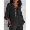 Fashionable Summer Women's Seven Quarter Sleeved Cotton Linen Solid Color Loose Casual Shirt