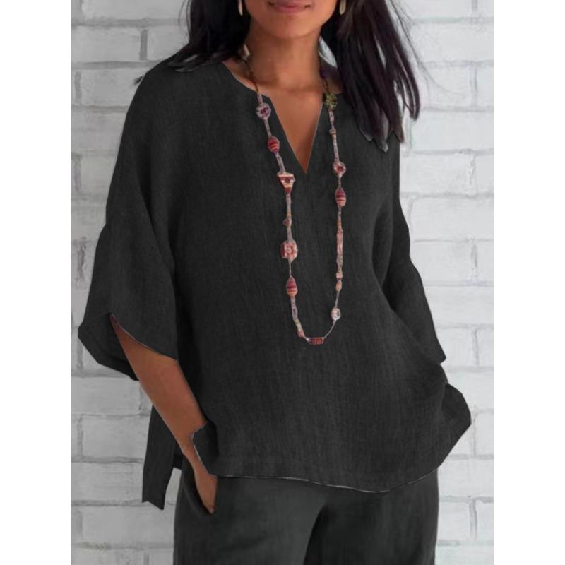 Fashionable Summer Women's Seven Quarter Sleeved Cotton Linen Solid Color Loose Casual Shirt