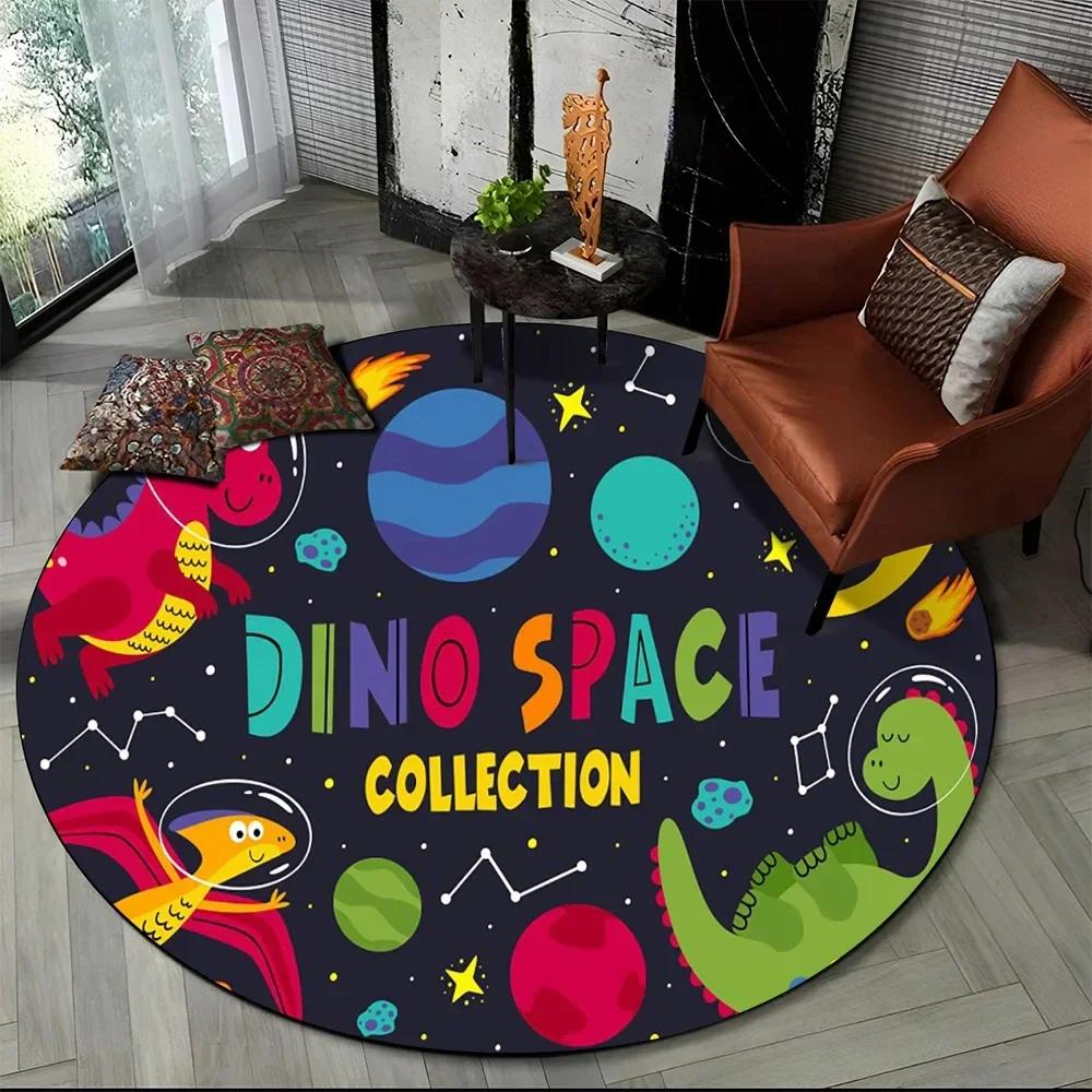 Cartoon Dinosaur Round Carpet Outer Space Cute Dino Area Rug for Living Room Bedroom Sofa Decor Non-slip Children's Crawling Mat