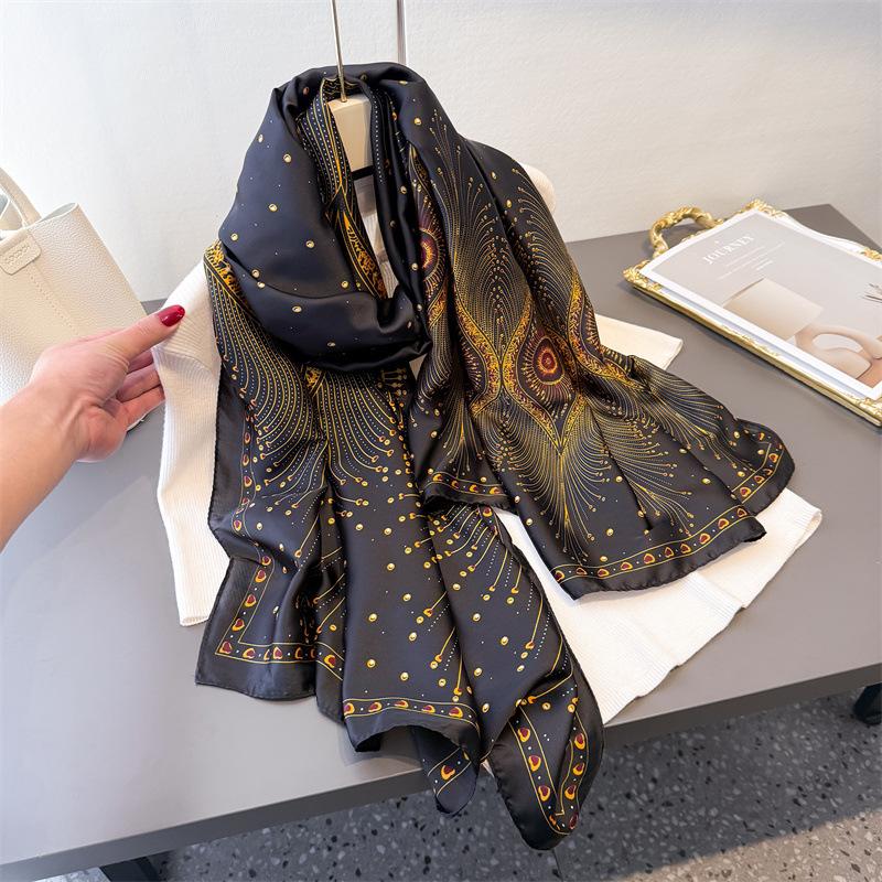 

Spring And Summer Thin Imitation Silk Peacock Feather Brocade Silk Scarf Long Scarf Silky Print Shawl Versatile Headscarf Scarf 180*80cm