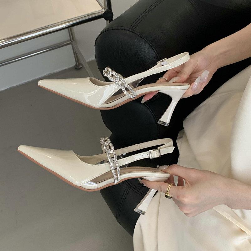 Fashion Metal Buckle Pointy Stiletto Heels Women 2025 Spring Summer Sexy Temperament Patent Leather After Trip Strap Toe Sandals Single
