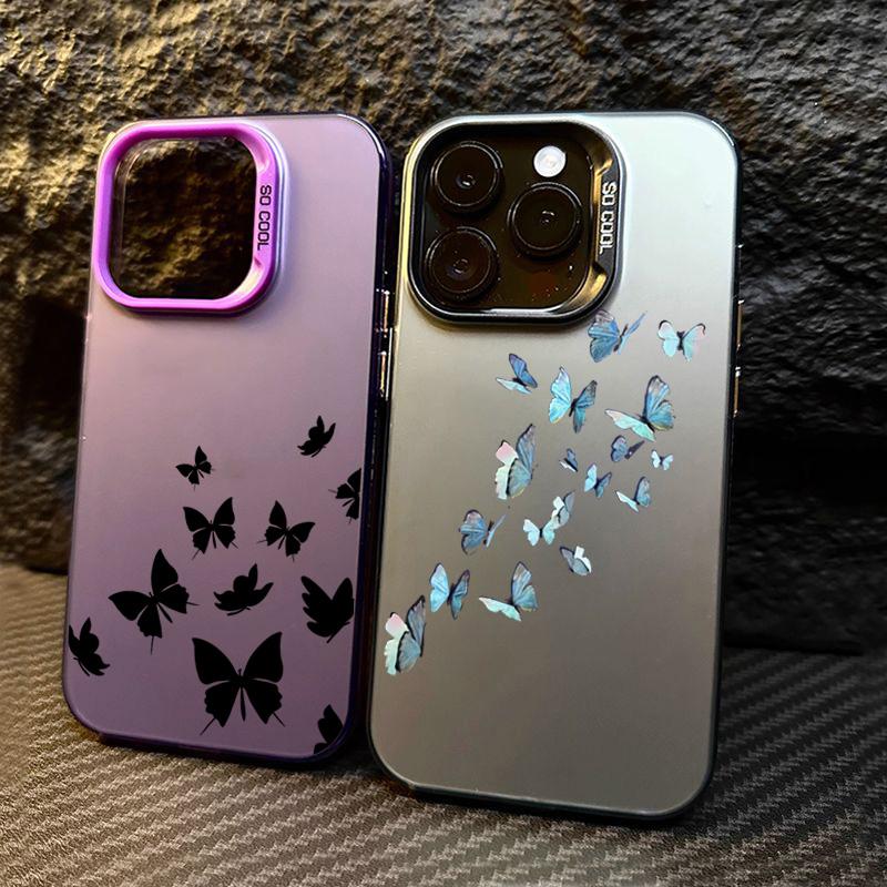 For iPhone 15 Pro 16 Plus 14 Pro Max 13 12 11 X XS XR 7 8 SE Shockproof Drawing Butterfly Lens Protect Plating Cover Case