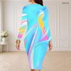 Women Plus Size Round Neck Long Sleeve Colorful Splash Printed Bodycon Midi Dress