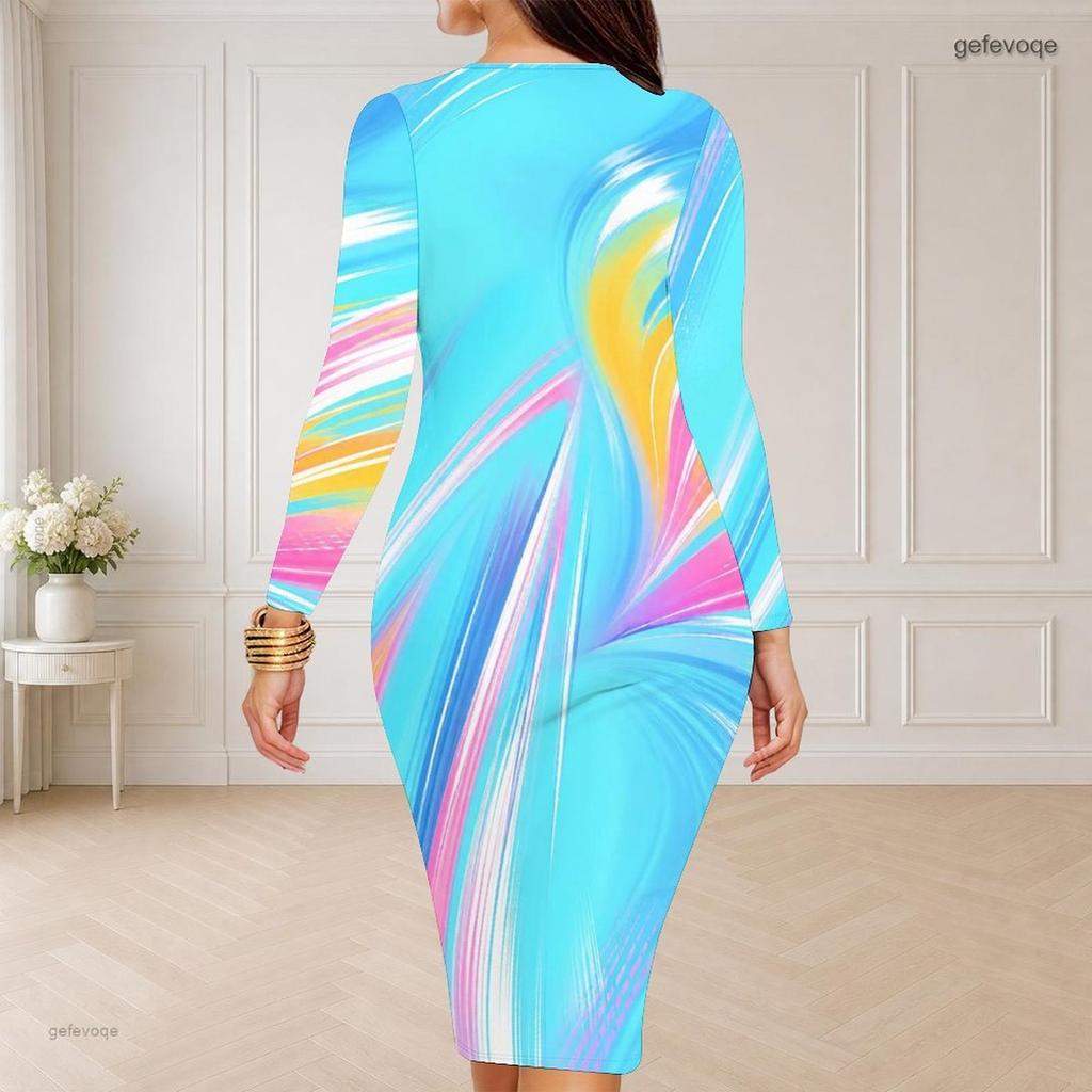 Women Plus Size Round Neck Long Sleeve Colorful Splash Printed Bodycon Midi Dress