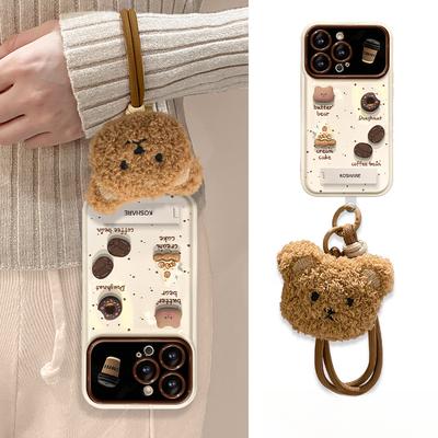 Coffee Plush Lanyard, Suitable for Apple 16PRO, Large Window Phone Case, 15 Silicone Anti-drop, 8 Flip Mirror