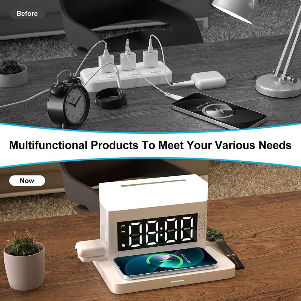 Stație de încărcare wireless 6 în 1 cu ceas deșteptător digital cu lumină de noapte LED, încărcare rapidă de 18W