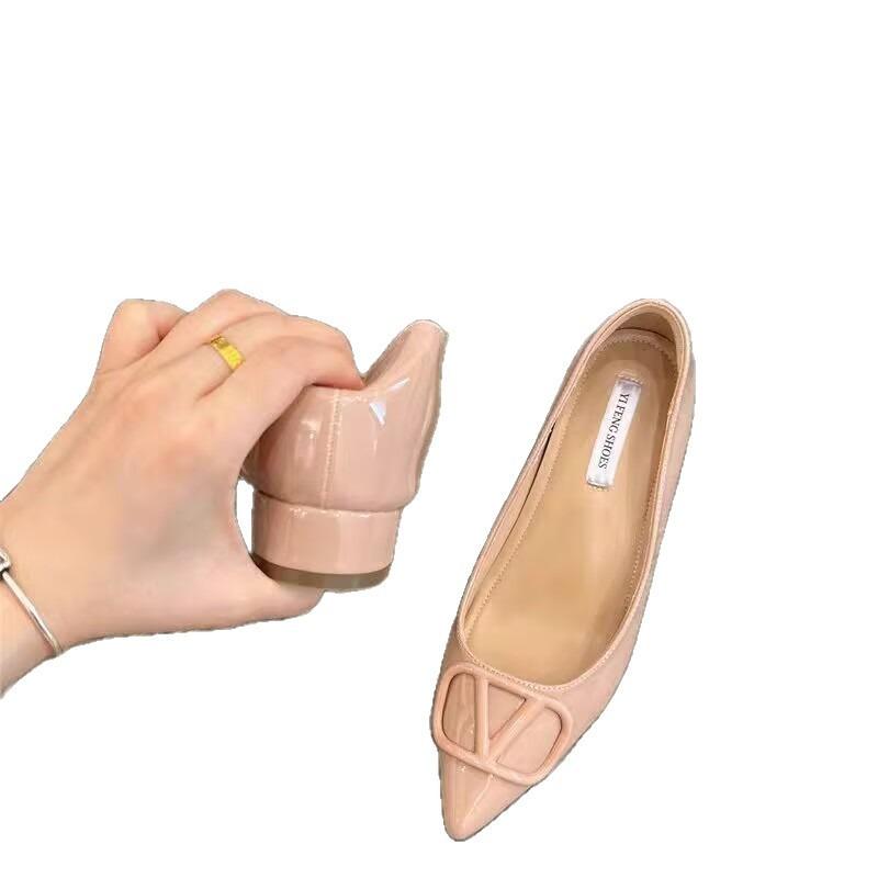 Nude pointed buckle flats women's new summer sexy patent leather celebrity temperament single shoes