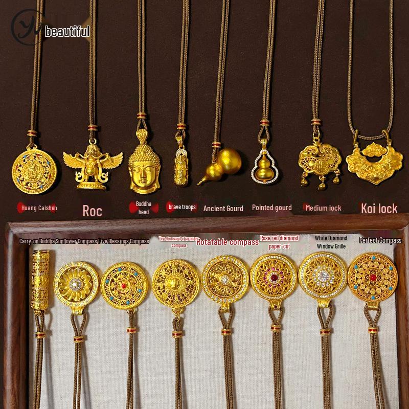 Gold Sand Eight Treasures Compass Pendant Necklace with Gourd Charm for Women