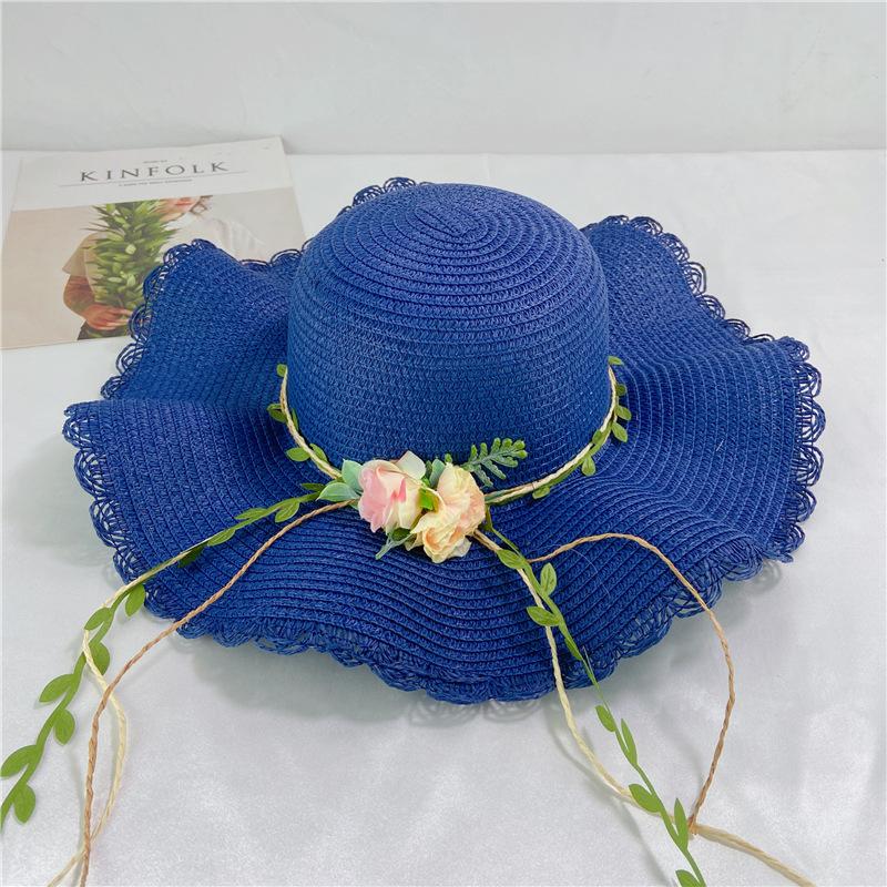 Summer flower straw hat women's foldable wavy edge small fresh big brim sun hat travel sun protection seaside beach hat