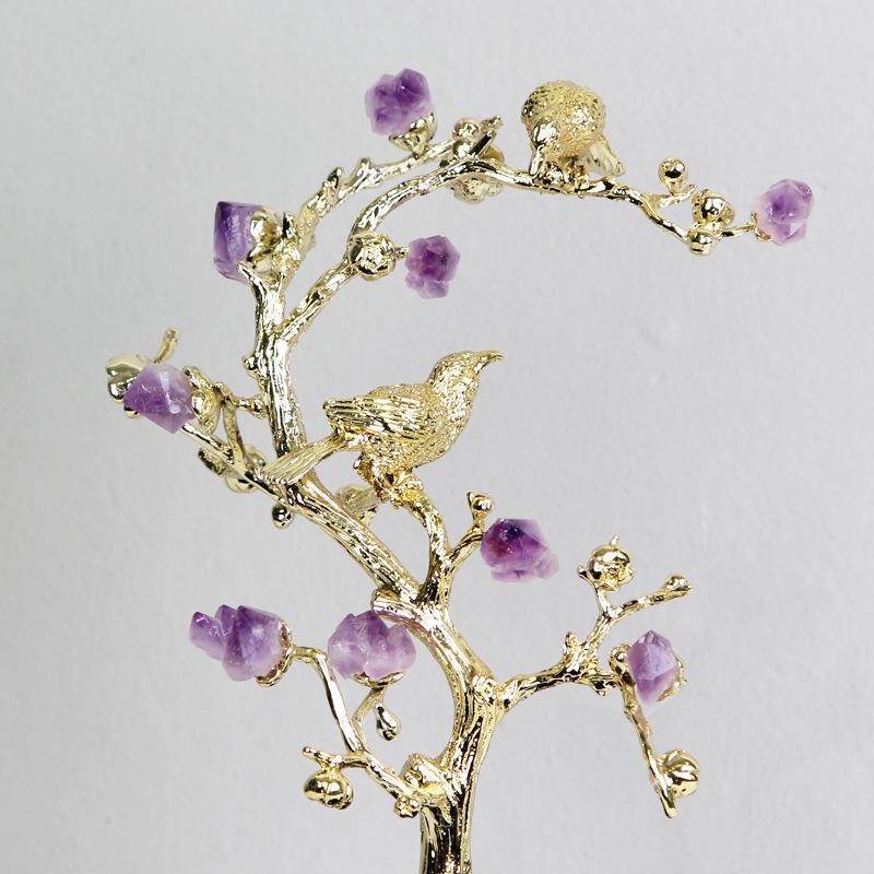 Metal Handicraft Golden Tree Crystal Flower Brass Amethyst Decoration Golden Bird Metal Decorative Figurines Home Decoration