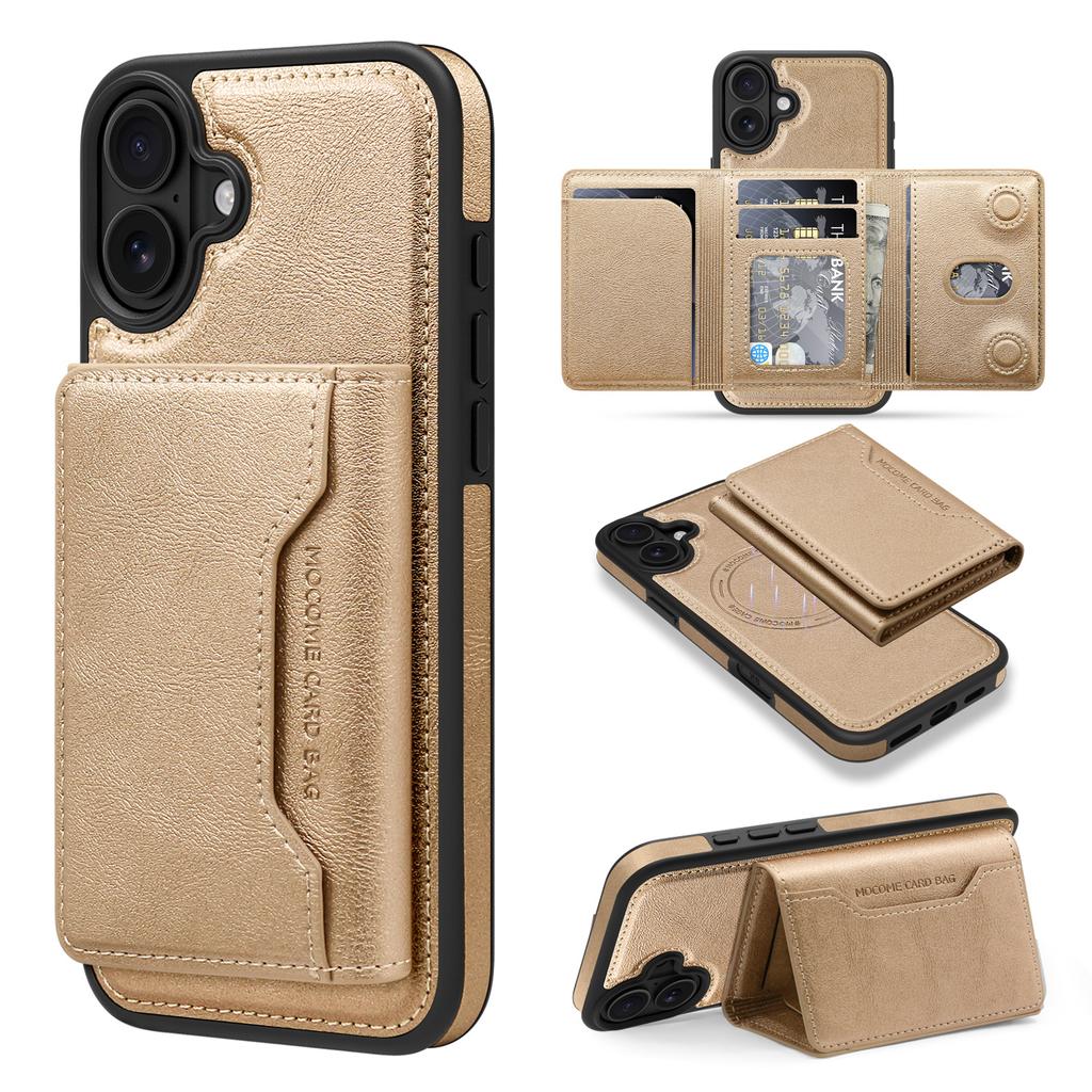 For iPhone 16 Plus Magnetic Case Leather Back Phone Cover with Detachable Card Bag