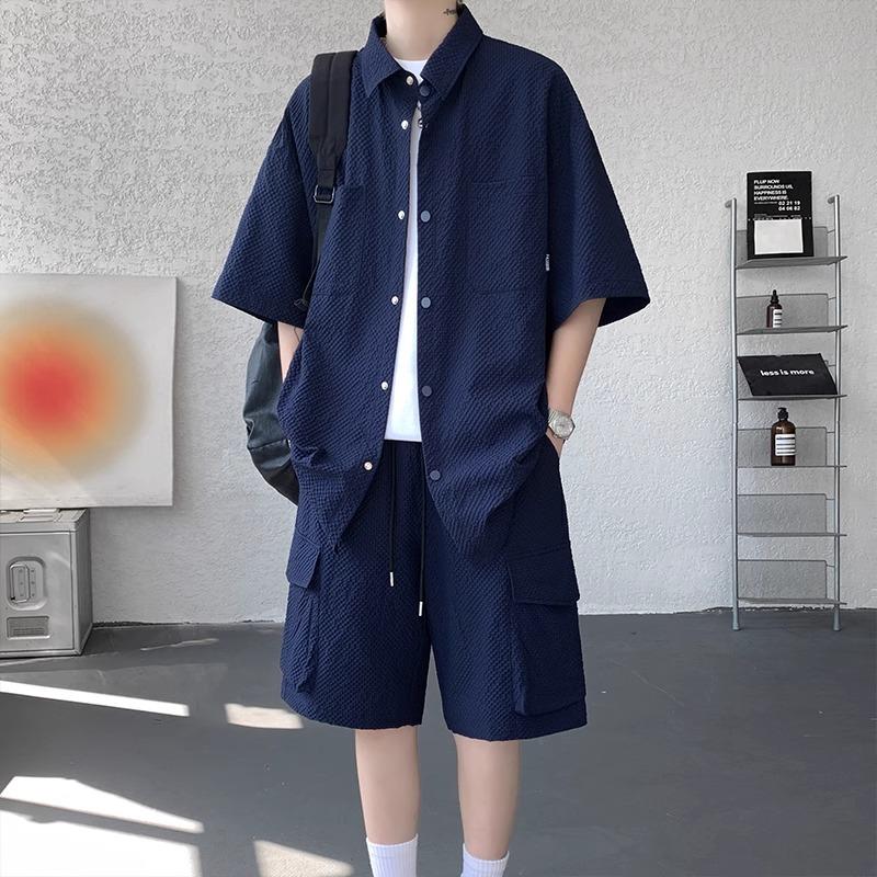 Ice Silk Shirt Set Men s Summer Casual Loose Stylish Bubble Short Sleeve Trendy Workwear Shorts Fashionable Youth Ensemble S