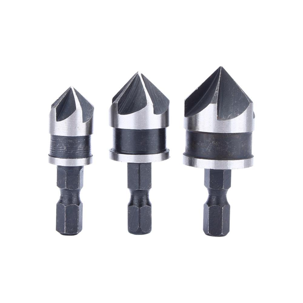 3pcs 1/4 Inch Hex Shank Countersink Bore Set 5 Flute Countersink Bits Woodworking